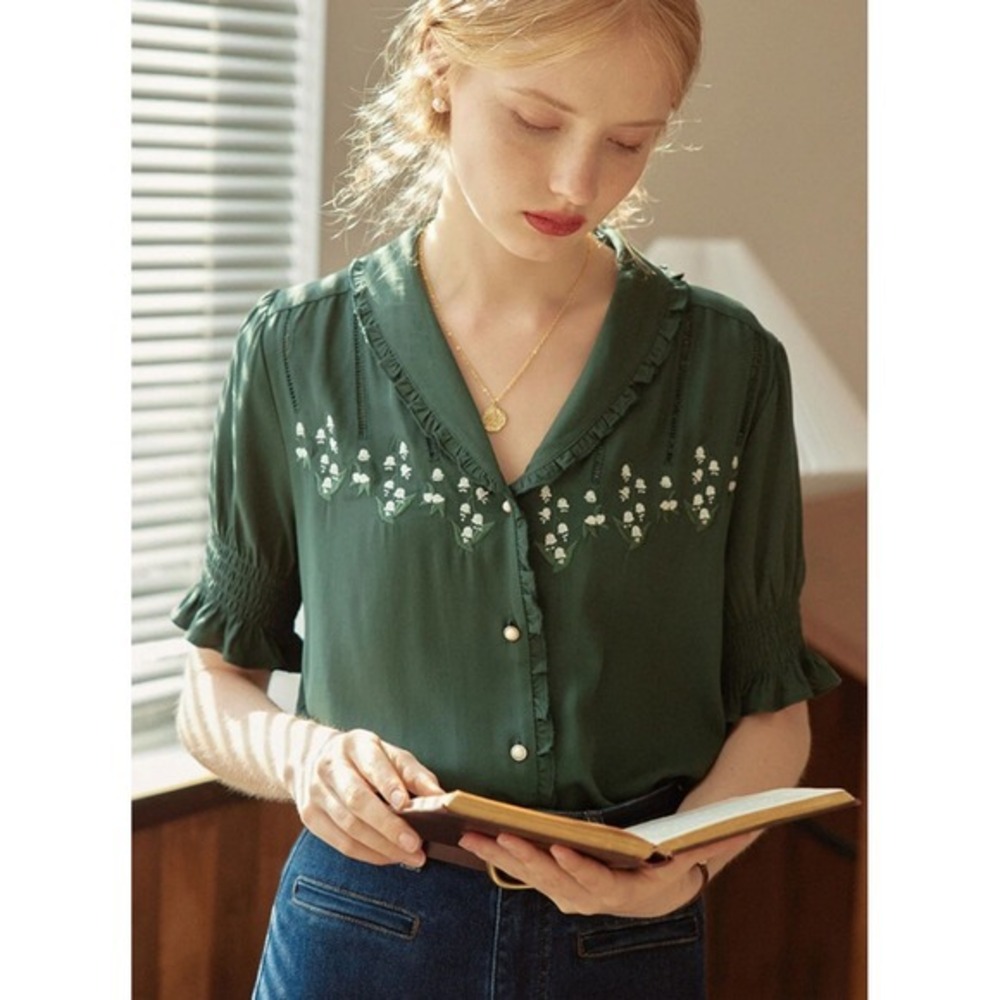 Simple Retro Convallaria Green Embroidered Blouse Lily of the Valley Top Size L